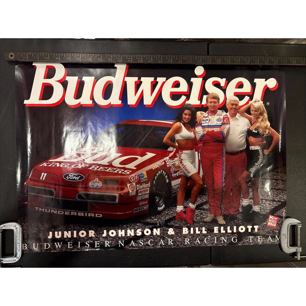NEW NOS Vtg NASCAR Budweiser Racing Team Poster Bill Elliott & Bud Girls No Fold